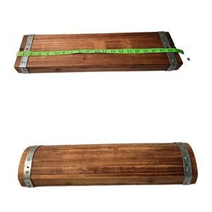 Brown Wooden Wall Display Shelf with Metal Strap Accents